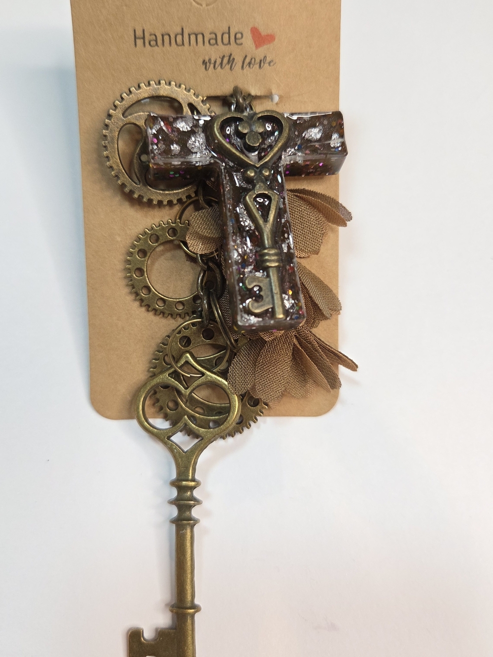 Steampunk-Inspired Brown Resin letter "T" Keychain with Gears, a Key & Tassel - Picture 7 of 9